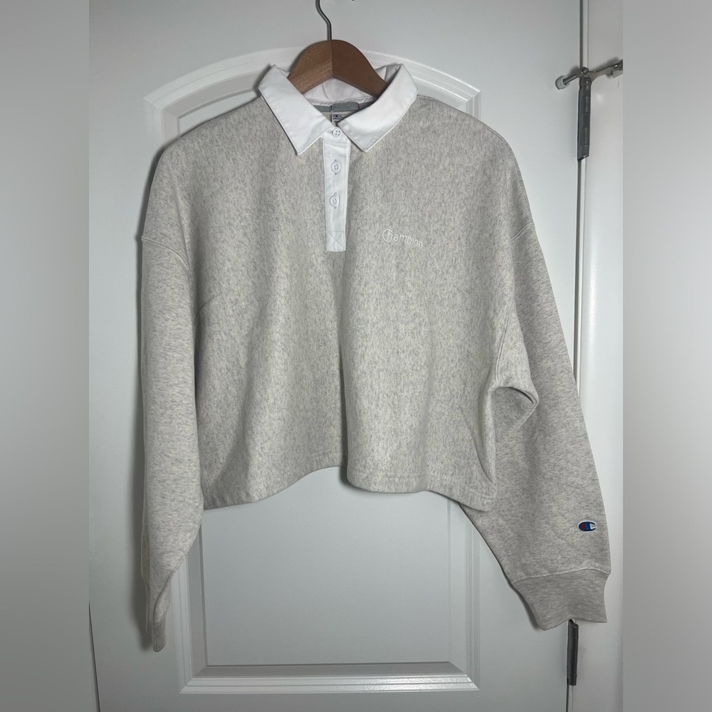 Champion Light Gray Cropped Polo Sweatshirt with White Collar #71